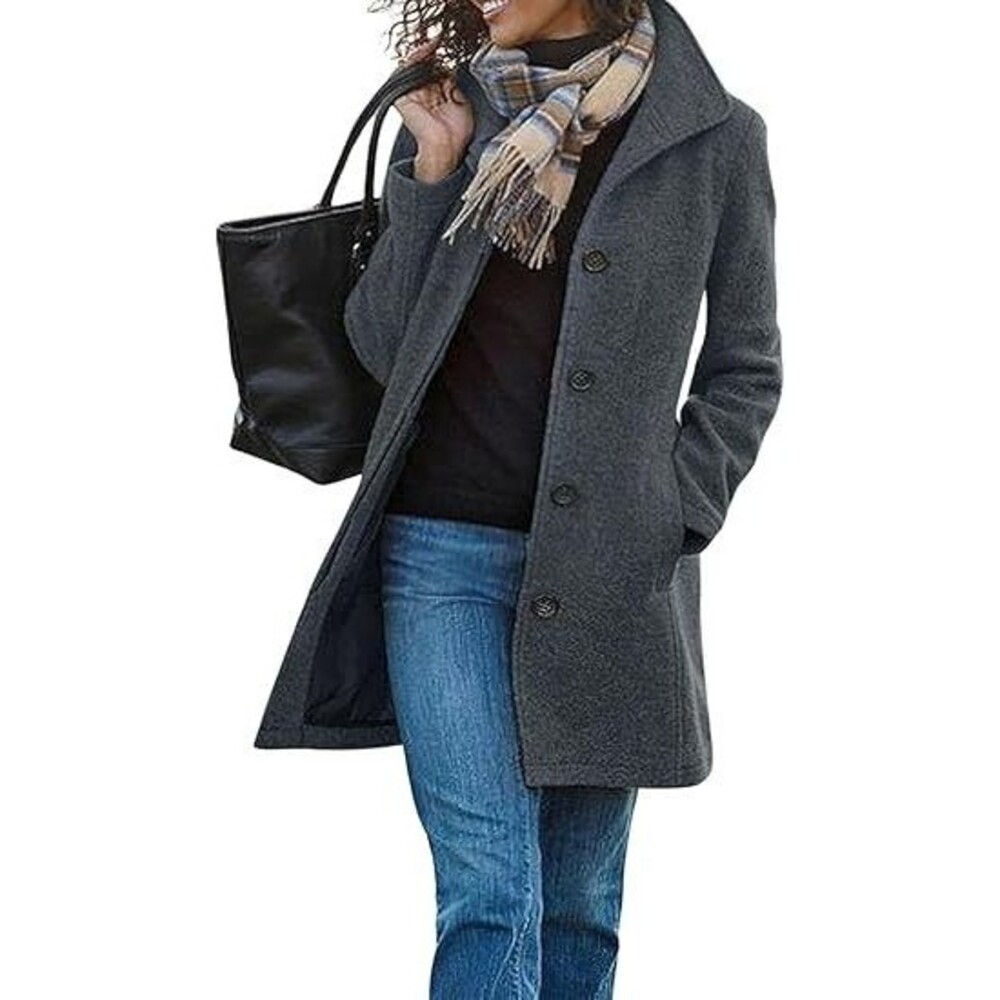 Women's Mid Long Overcoat Jacket SMALL Grey Casual Thick Wool Blend Stand Collar